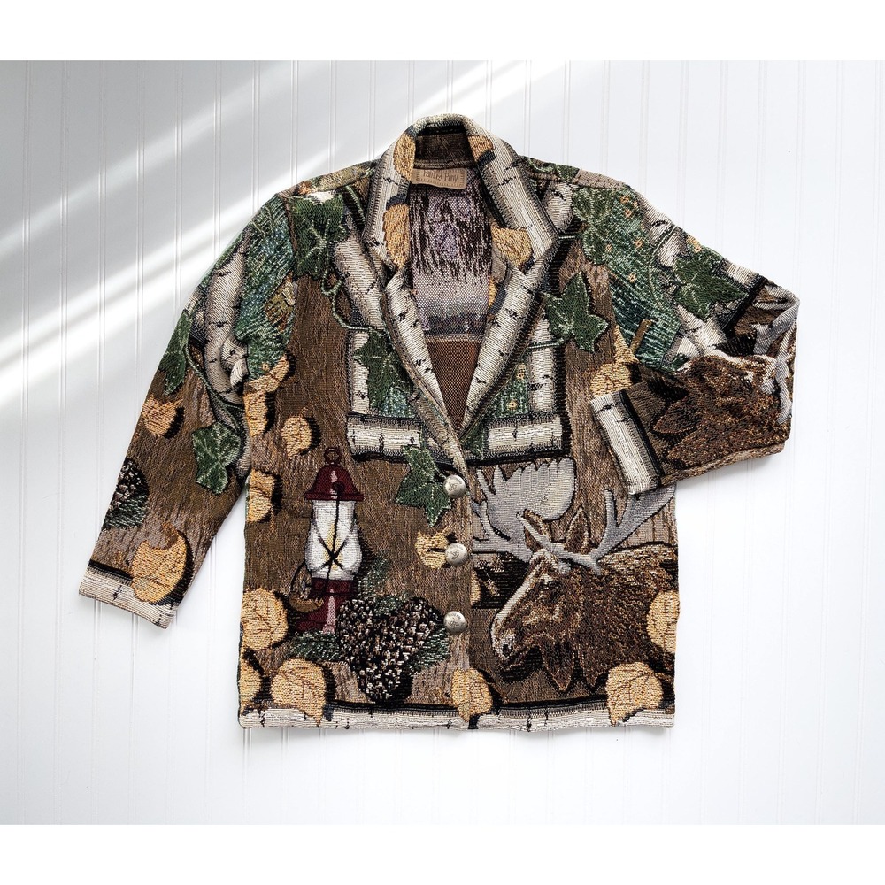 vtg Painted Pony mountain cabin moose rustic woven tapestry jacket coat‎